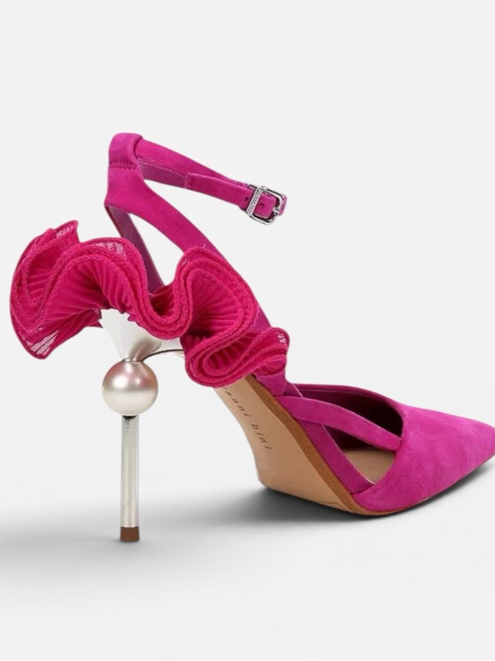 Gianni Bini Pink Suede Pointed Ankle-Strap Pump with Ruffle Pearl Heel $159 - Picture 5 of 7
